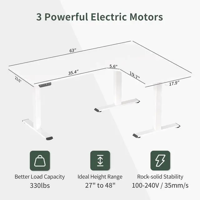 Alt view image 4 of 7 - Triple Motor L-Shaped Electric Standing Desk, 63 Inches Height Adjustable Stand up Corner Desk, Sit Stand Workstation with Splice Board, White Frame/White Top