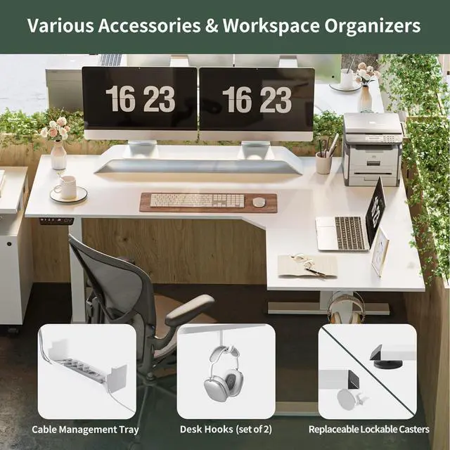 Alt view image 7 of 7 - Triple Motor L-Shaped Electric Standing Desk, 63 Inches Height Adjustable Stand up Corner Desk, Sit Stand Workstation with Splice Board, White Frame/White Top