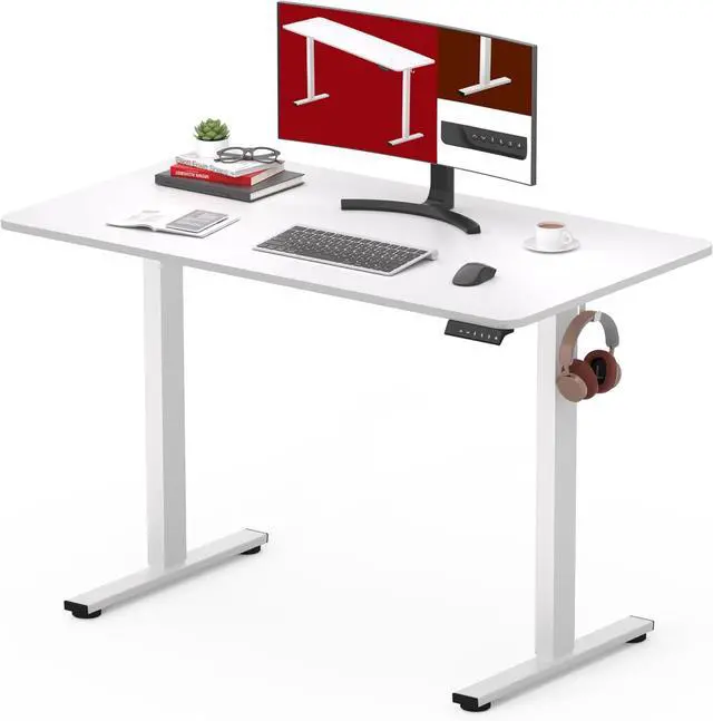 Main image of Electric Standing Desk 40 x 24 Inches Whole-Piece Desktop Height Adjustable Stand Up Desk w/6-Button Controller Ergonomic Computer Desk for Home Office, White Frame + White Tabletop
