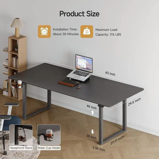 Alt view image 2 of 7 - Standing Desk, 63x30 Inches Rectangle Stand Up Desk with 4 Legs, Dual Motor and Memory Controller, Adjustable Height from 28-46 Inches for Home and Computer Workstation, Black