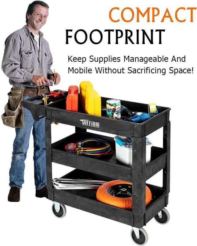 Alt view image 2 of 7 - Plastic Service Utility C, Support 550lbs Caity Ergonomic Handle, Heavy Duty Tub Storage C W/Deep Shelves, Multipurpose Rolling 2-Tier Mobile Storage Organizer, for Warehouse Garage