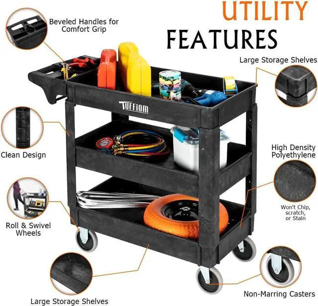 Alt view image 3 of 7 - Plastic Service Utility C, Support 550lbs Caity Ergonomic Handle, Heavy Duty Tub Storage C W/Deep Shelves, Multipurpose Rolling 2-Tier Mobile Storage Organizer, for Warehouse Garage