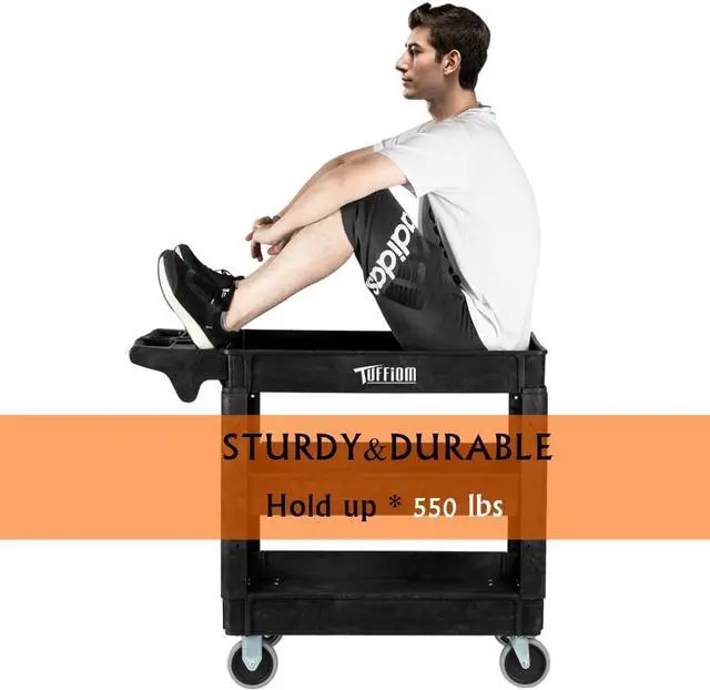 Alt view image 4 of 7 - Plastic Service Utility C, Support 550lbs Caity Ergonomic Handle, Heavy Duty Tub Storage C W/Deep Shelves, Multipurpose Rolling 2-Tier Mobile Storage Organizer, for Warehouse Garage