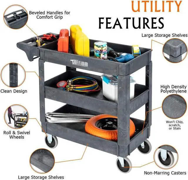 Alt view image 2 of 7 - Plastic Service Utility Cart with Wheels, 550lbs Capacity, Heavy Duty Tub W/Deep Shelves, Multipurpose Rolling 3-Tier Mobile Storage Organizer, for Warehouse Garage Industrial Cart