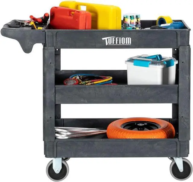 Alt view image 3 of 7 - Plastic Service Utility Cart with Wheels, 550lbs Capacity, Heavy Duty Tub W/Deep Shelves, Multipurpose Rolling 3-Tier Mobile Storage Organizer, for Warehouse Garage Industrial Cart