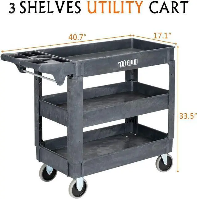 Alt view image 4 of 7 - Plastic Service Utility Cart with Wheels, 550lbs Capacity, Heavy Duty Tub W/Deep Shelves, Multipurpose Rolling 3-Tier Mobile Storage Organizer, for Warehouse Garage Industrial Cart