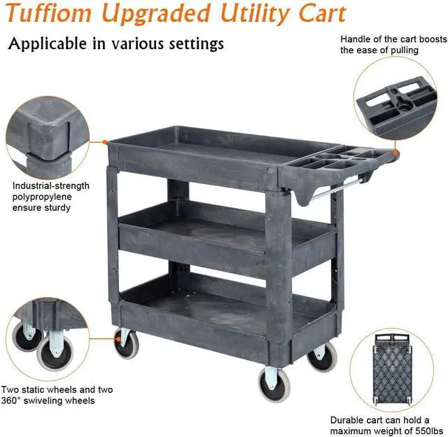 Alt view image 5 of 7 - Plastic Service Utility Cart with Wheels, 550lbs Capacity, Heavy Duty Tub W/Deep Shelves, Multipurpose Rolling 3-Tier Mobile Storage Organizer, for Warehouse Garage Industrial Cart