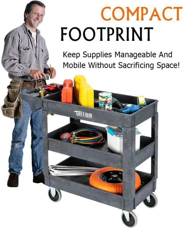Alt view image 7 of 7 - Plastic Service Utility Cart with Wheels, 550lbs Capacity, Heavy Duty Tub W/Deep Shelves, Multipurpose Rolling 3-Tier Mobile Storage Organizer, for Warehouse Garage Industrial Cart