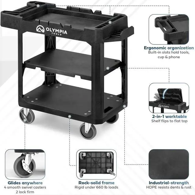 Alt view image 4 of 7 - Convertible Utility C - 660 lbs Heavy Duty Plastic HDPE, 10 Tool Slots, 5'' Locking Swivel Wheels | 3 Shelf to Flat Top Workstation | Professional Work C for Service & Maintenance