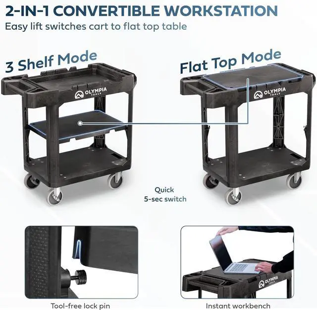 Alt view image 5 of 7 - Convertible Utility C - 660 lbs Heavy Duty Plastic HDPE, 10 Tool Slots, 5'' Locking Swivel Wheels | 3 Shelf to Flat Top Workstation | Professional Work C for Service & Maintenance