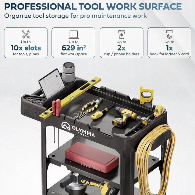 Alt view image 6 of 7 - Convertible Utility C - 660 lbs Heavy Duty Plastic HDPE, 10 Tool Slots, 5'' Locking Swivel Wheels | 3 Shelf to Flat Top Workstation | Professional Work C for Service & Maintenance