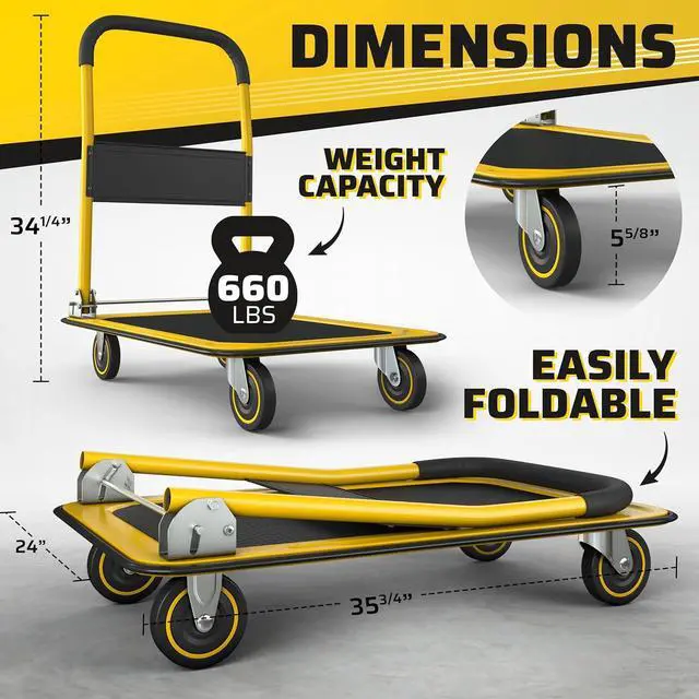 Alt view image 2 of 7 - Upgraded Foldable Push C Dolly | 660 lbs. Caity Moving Platform Hand Truck | Heavy Duty Se Saving Collapsible | Swivel Push Handle Flat Bed Wagon - Yellow