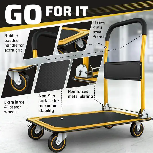 Alt view image 3 of 7 - Upgraded Foldable Push C Dolly | 660 lbs. Caity Moving Platform Hand Truck | Heavy Duty Se Saving Collapsible | Swivel Push Handle Flat Bed Wagon - Yellow