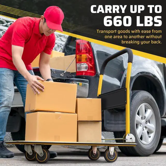Alt view image 4 of 7 - Upgraded Foldable Push C Dolly | 660 lbs. Caity Moving Platform Hand Truck | Heavy Duty Se Saving Collapsible | Swivel Push Handle Flat Bed Wagon - Yellow