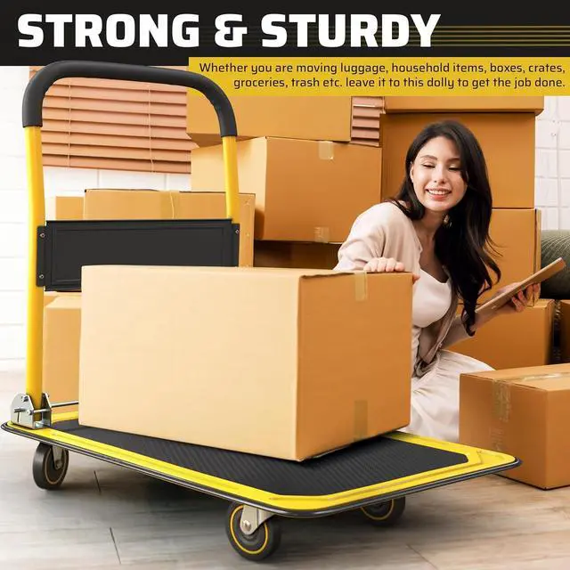 Alt view image 5 of 7 - Upgraded Foldable Push C Dolly | 660 lbs. Caity Moving Platform Hand Truck | Heavy Duty Se Saving Collapsible | Swivel Push Handle Flat Bed Wagon - Yellow
