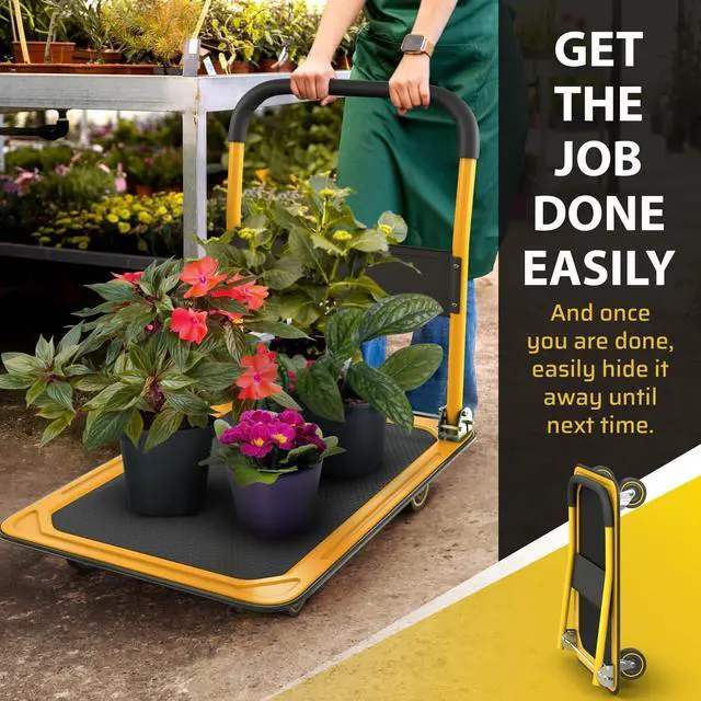 Alt view image 6 of 7 - Upgraded Foldable Push C Dolly | 660 lbs. Caity Moving Platform Hand Truck | Heavy Duty Se Saving Collapsible | Swivel Push Handle Flat Bed Wagon - Yellow