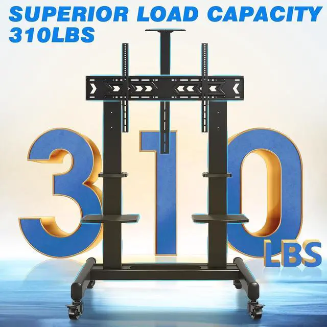 Alt view image 2 of 7 - Mobile TV C with Wheels for 65-120 Inch TVs up to 310 lbs, LCD LED OLED Plasma Flat Curved Panels, Heavy Duty Rolling TV Stand, Extra Large Shelf, 3 Height Levels, Max VESA 1000x600, Black
