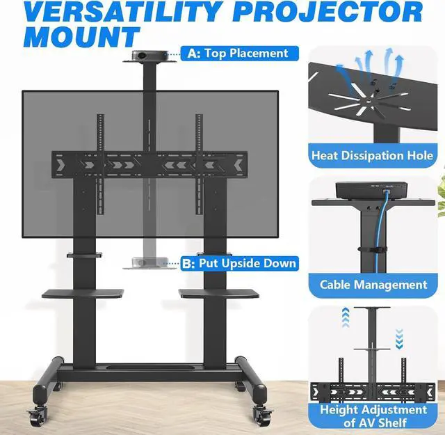 Alt view image 5 of 7 - Mobile TV C with Wheels for 65-120 Inch TVs up to 310 lbs, LCD LED OLED Plasma Flat Curved Panels, Heavy Duty Rolling TV Stand, Extra Large Shelf, 3 Height Levels, Max VESA 1000x600, Black
