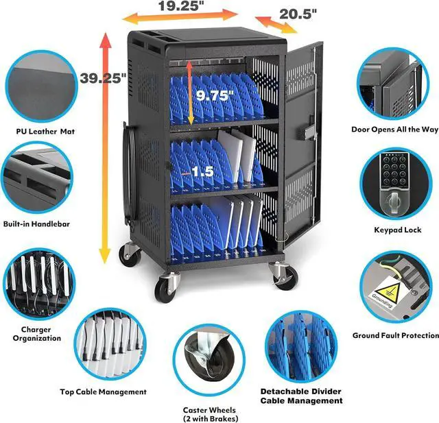 Alt view image 5 of 7 - Fully Assembled 30 Bay Mobile Charging and Storage C for iPad,Chromebook and Laptop Computer with Keypad Lock,Up to 14-inch Screen Size,Surge Protection,Front & Back Access Locking Cabinet