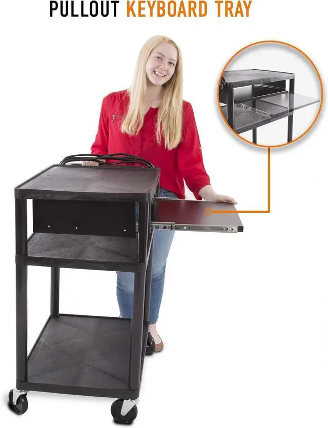 Alt view image 2 of 7 - Line Leader Plastic AV Cart with Keyboard Tray, Mobile Workstation Storage For Offices and Schools, Rolling 4 Casters, 2 Locking Brakes, Heavy Duty, Holds up to 100 lbs (Black, 24 x 18 34) by DT