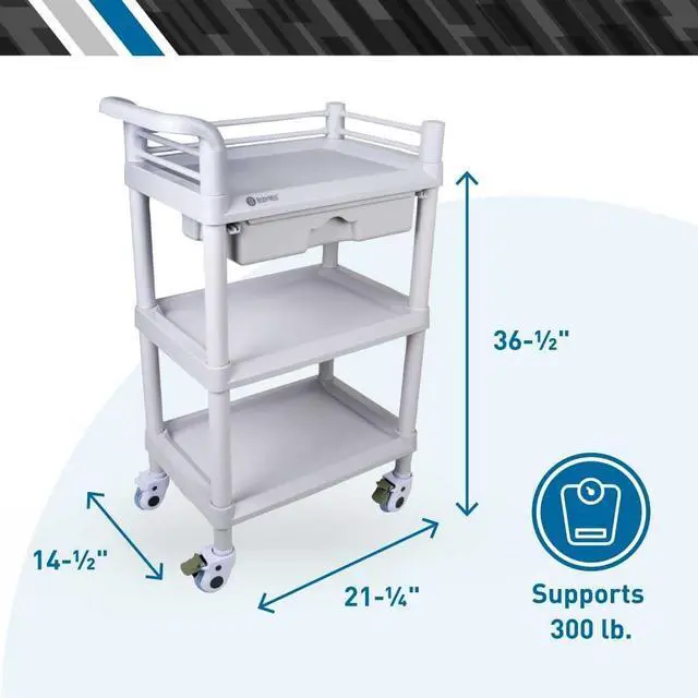 Alt view image 2 of 6 - 3-Tier Medical Utility C with Drawer and Shelves  360 Degree Multi-Functional Mobile Storage Organizer for Clinic, Hospital, Lab, Office