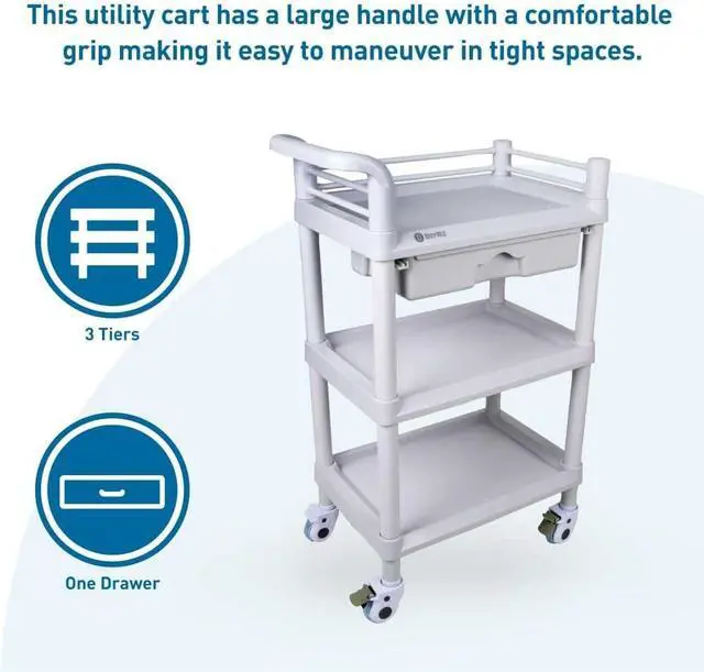 Alt view image 5 of 6 - 3-Tier Medical Utility C with Drawer and Shelves  360 Degree Multi-Functional Mobile Storage Organizer for Clinic, Hospital, Lab, Office