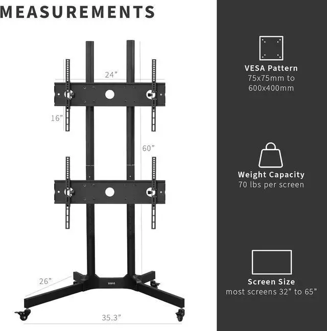 Alt view image 5 of 7 - Mobile TV C for 32 to 65 inch Dual Screens up to 70 lbs Each, LCD LED OLED 4K Sm Flat and Curved Panels, Rolling Stand for 2 TVs, Locking Wheels, Max VESA 600x400, Black, STAND-TV03E2
