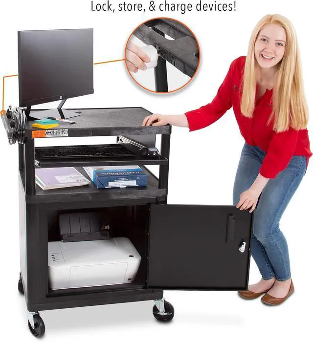 Alt view image 2 of 7 - Line Leader Plastic AV C with Keyboard Tray and Locking Metal Cabinet, Heavy Duty Mobile Workstation with 4 Rolling Casters, 2 Locking Brakes, Heavy Duty, Holds up to 100 lbs (34 Inch w Cabinet)