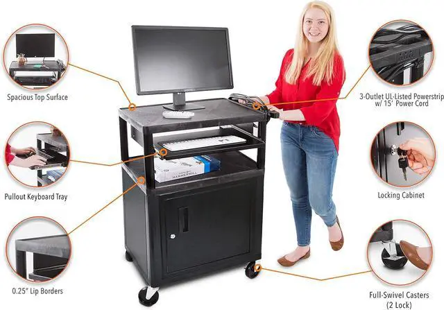 Alt view image 3 of 7 - Line Leader Plastic AV C with Keyboard Tray and Locking Metal Cabinet, Heavy Duty Mobile Workstation with 4 Rolling Casters, 2 Locking Brakes, Heavy Duty, Holds up to 100 lbs (34 Inch w Cabinet)