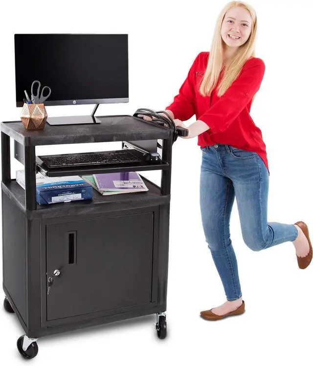 Alt view image 5 of 7 - Line Leader Plastic AV C with Keyboard Tray and Locking Metal Cabinet, Heavy Duty Mobile Workstation with 4 Rolling Casters, 2 Locking Brakes, Heavy Duty, Holds up to 100 lbs (34 Inch w Cabinet)
