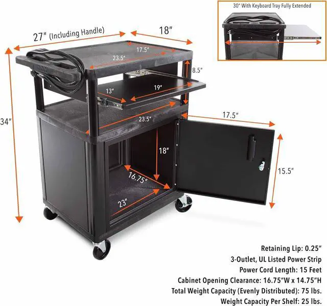 Alt view image 6 of 7 - Line Leader Plastic AV C with Keyboard Tray and Locking Metal Cabinet, Heavy Duty Mobile Workstation with 4 Rolling Casters, 2 Locking Brakes, Heavy Duty, Holds up to 100 lbs (34 Inch w Cabinet)