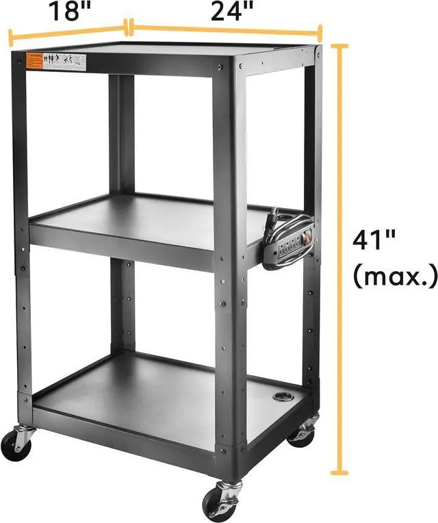 Alt view image 3 of 7 - 3 Shelf Metal Utility Cart with Wheels & Power Strip - Steel Mobile AV for Video Projector, TV, Laptop, Computers, Printers Height Adjustable Media Carts Office Classroom Warehouse by DT