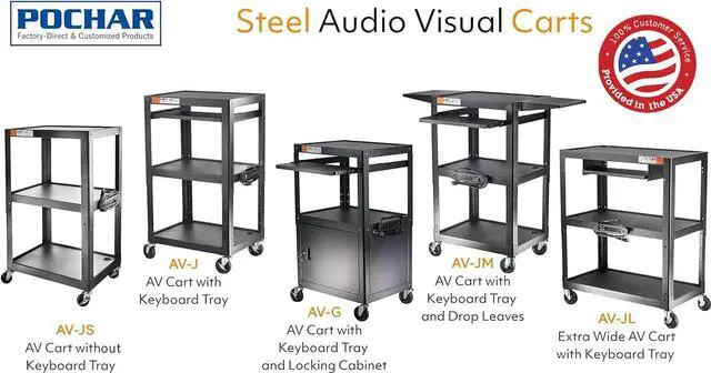 Alt view image 5 of 7 - 3 Shelf Metal Utility Cart with Wheels & Power Strip - Steel Mobile AV for Video Projector, TV, Laptop, Computers, Printers Height Adjustable Media Carts Office Classroom Warehouse by DT