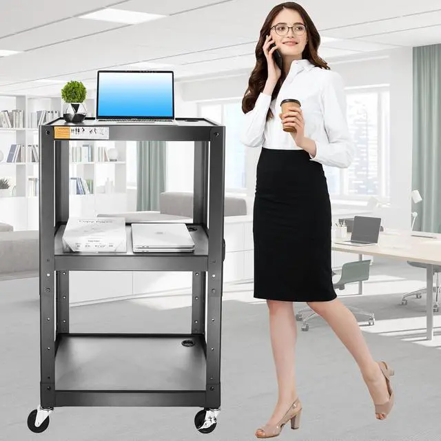Alt view image 6 of 7 - 3 Shelf Metal Utility Cart with Wheels & Power Strip - Steel Mobile AV for Video Projector, TV, Laptop, Computers, Printers Height Adjustable Media Carts Office Classroom Warehouse by DT