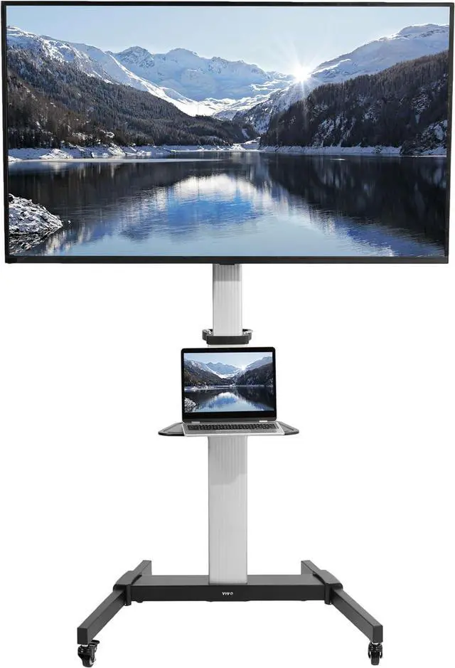 Main image of Aluminum Mobile TV C for 32 to 83 inch Screens up to 110 lbs, LCD LED OLED 4K Sm Flat, Curved Panels, Heavy Duty Stand with DVD Shelf, Locking Wheels, Max VESA 600x400, Silver, STAND-TV09