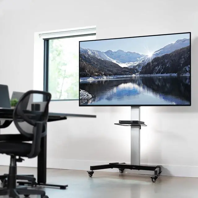 Alt view image 2 of 7 - Aluminum Mobile TV C for 32 to 83 inch Screens up to 110 lbs, LCD LED OLED 4K Sm Flat, Curved Panels, Heavy Duty Stand with DVD Shelf, Locking Wheels, Max VESA 600x400, Silver, STAND-TV09