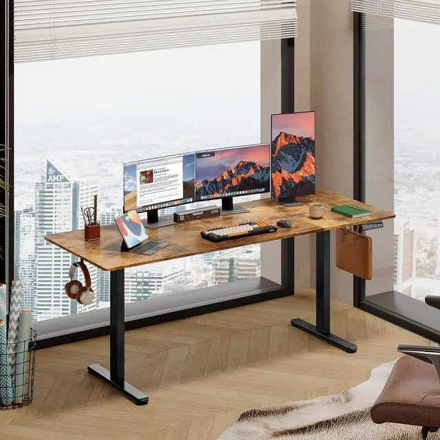 Alt view image 2 of 7 - Electric Standing Desk, 71 X 28 Inches Adjustable Height Stand up Desk for Home Office, Large Ergonomic Sit to Stand Desk with Headphone Hook, 3 Memory Preset Computer Desk, Rustic Brown