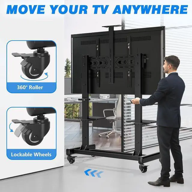 Alt view image 4 of 7 - Mobile TV C with Wheels for 65-120 Inch TVs up to 310 lbs, LCD LED OLED Plasma Flat Curved Panels, Heavy Duty Rolling TV Stand, Extra Large Shelf, 3 Height Levels, Max VESA 1000x600, Black