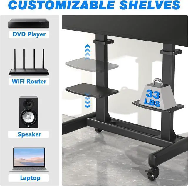 Alt view image 6 of 7 - Mobile TV C with Wheels for 65-120 Inch TVs up to 310 lbs, LCD LED OLED Plasma Flat Curved Panels, Heavy Duty Rolling TV Stand, Extra Large Shelf, 3 Height Levels, Max VESA 1000x600, Black