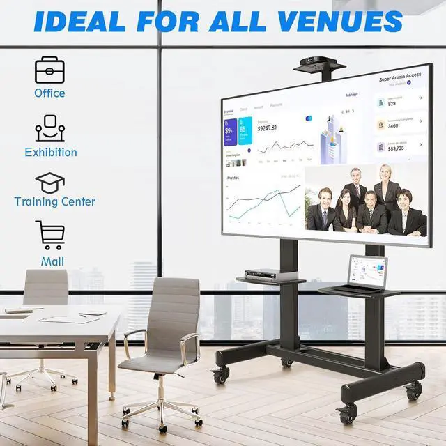 Alt view image 7 of 7 - Mobile TV C with Wheels for 65-120 Inch TVs up to 310 lbs, LCD LED OLED Plasma Flat Curved Panels, Heavy Duty Rolling TV Stand, Extra Large Shelf, 3 Height Levels, Max VESA 1000x600, Black