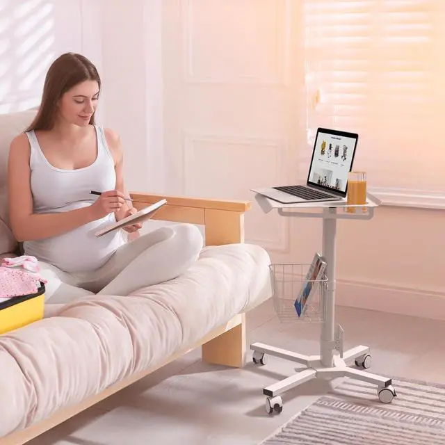 Alt view image 2 of 7 - Mobile Laptop C on Wheels with Load up to 17.6 lbs, Height Adjustable Side Table with Wheels & Storage, Portable Workstation for Laptop/Small Rolling Desk for Couch White