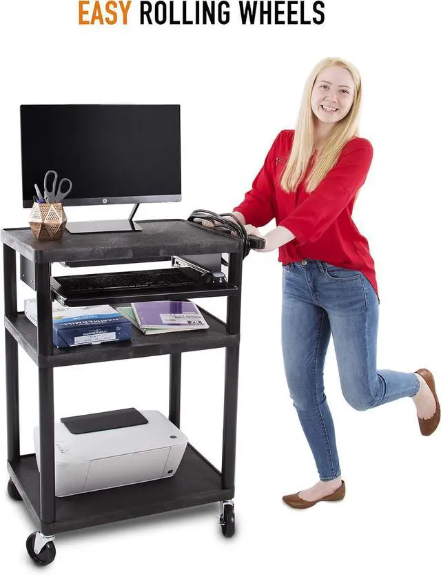 Alt view image 5 of 7 - Line Leader Plastic AV Cart with Keyboard Tray, Mobile Workstation Storage For Offices and Schools, Rolling 4 Casters, 2 Locking Brakes, Heavy Duty, Holds up to 100 lbs (Black, 24 x 18 34) by DT