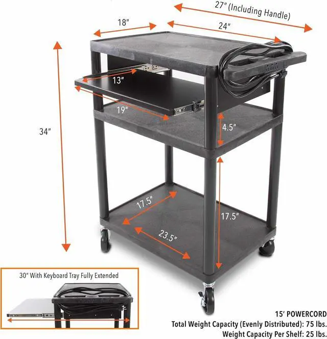 Alt view image 6 of 7 - Line Leader Plastic AV Cart with Keyboard Tray, Mobile Workstation Storage For Offices and Schools, Rolling 4 Casters, 2 Locking Brakes, Heavy Duty, Holds up to 100 lbs (Black, 24 x 18 34) by DT