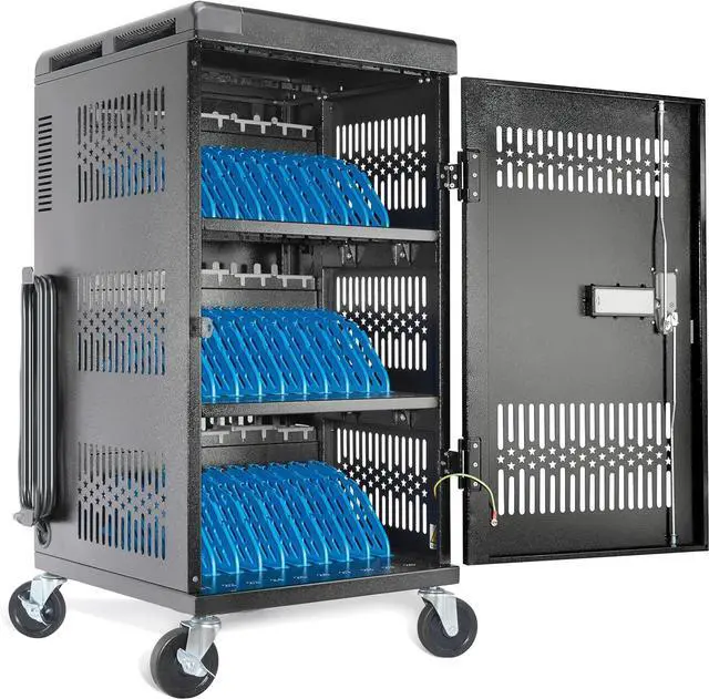 Main image of Fully Assembled 30 Bay Mobile Charging and Storage C for iPad,Chromebook and Laptop Computer with Keypad Lock,Up to 14-inch Screen Size,Surge Protection,Front & Back Access Locking Cabinet (Black)