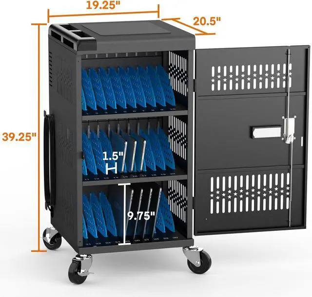 Alt view image 5 of 7 - Fully Assembled 30 Bay Mobile Charging and Storage C for iPad,Chromebook and Laptop Computer with Keypad Lock,Up to 14-inch Screen Size,Surge Protection,Front & Back Access Locking Cabinet (Black)