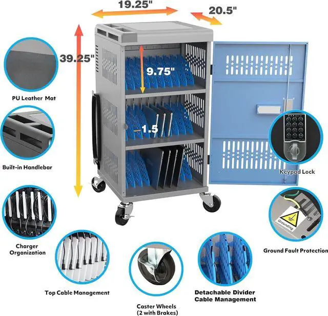Alt view image 5 of 7 - Laptop C on Wheels, Fully Assembled 30-Bay Mobile Charging C with Lockable Door, Fits Devices for Laptops, iPads, Chromebooks Up to 14-inch, Ideal for School, Office & Educational Use