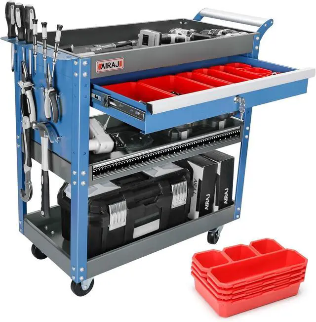Main image of 3 Tier Rolling Tool Cart on Wheels | Mechanic Tool Cart with Drawers | Utility Carts for Garage,Repair Room,Warehouse Workshop | Work Carts with Hooks,Liners,Tray Dividers,Brake | Blue