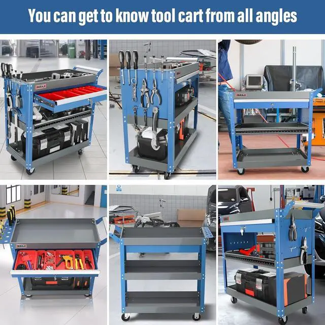 Alt view image 6 of 7 - 3 Tier Rolling Tool Cart on Wheels | Mechanic Tool Cart with Drawers | Utility Carts for Garage,Repair Room,Warehouse Workshop | Work Carts with Hooks,Liners,Tray Dividers,Brake | Blue