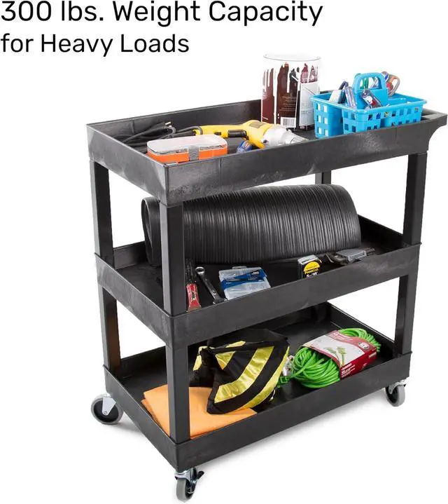 Alt view image 3 of 7 - Tubstr 3-Tier Rolling Utility C with Wheels | Supports 300 lbs. Total | Heavy-Duty Caity for Garage Storage, Office Ses, & Kitchen Use | Durable Tool C with Locking Wheels (Black, 32 x 18)