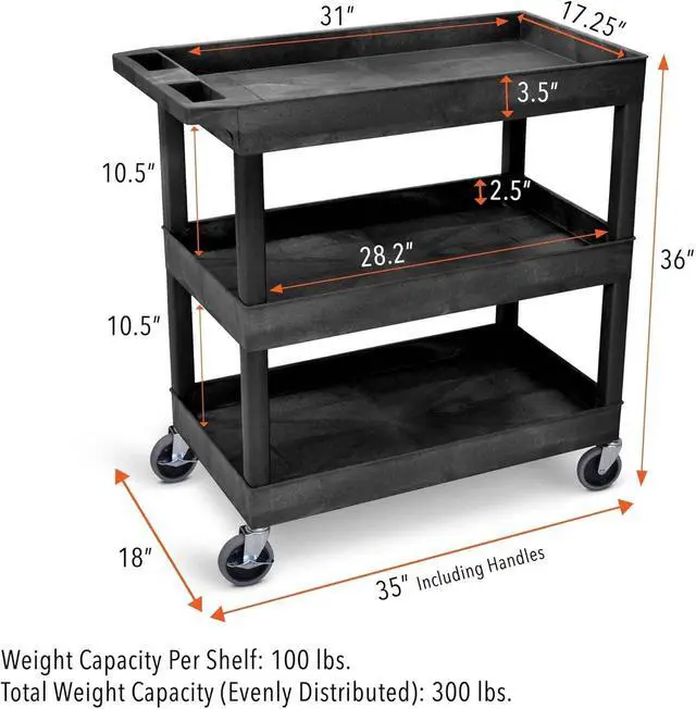 Alt view image 6 of 7 - Tubstr 3-Tier Rolling Utility C with Wheels | Supports 300 lbs. Total | Heavy-Duty Caity for Garage Storage, Office Ses, & Kitchen Use | Durable Tool C with Locking Wheels (Black, 32 x 18)